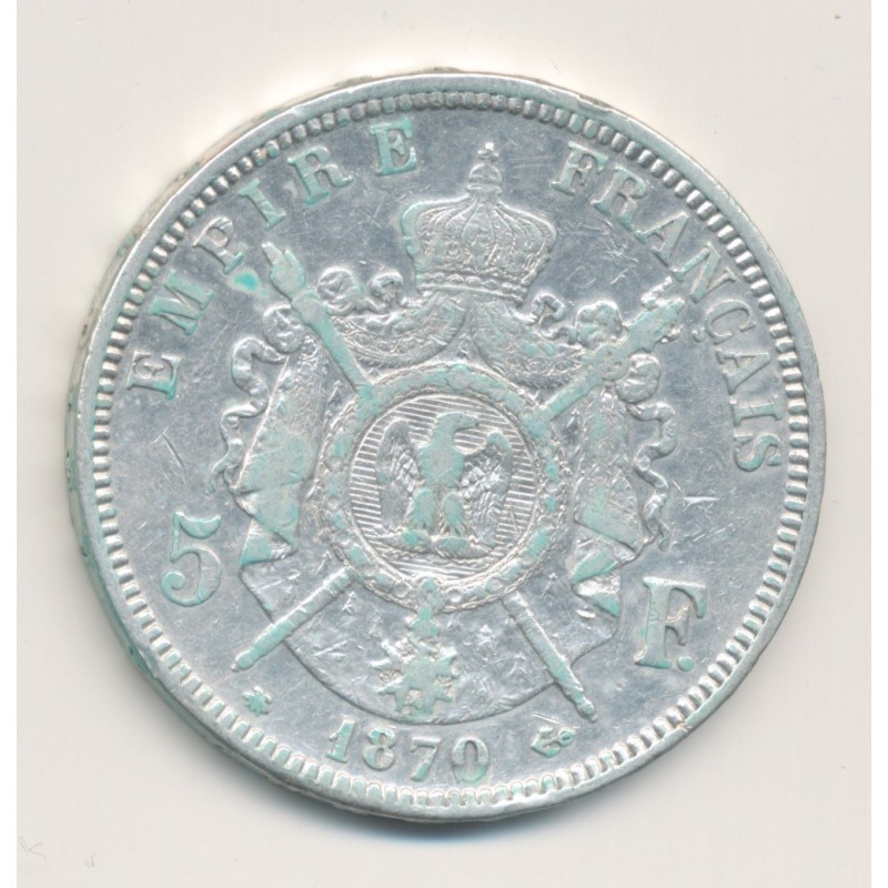 5 Francs Napoléon III - 1870 A Paris - Tête laurée - TB+
