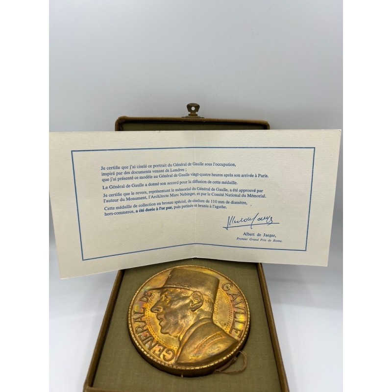 Médaille - Général De Gaulle - Mémorial De Gaulle 1890-1970 - De Jaeger 110mm - bronze doré à l'or pur