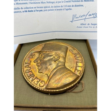 Médaille - Général De Gaulle - Mémorial De Gaulle 1890-1970 - De Jaeger 110mm - bronze doré à l'or pur