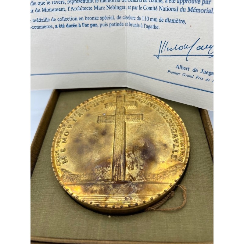 Médaille - Général De Gaulle - Mémorial De Gaulle 1890-1970 - De Jaeger 110mm - bronze doré à l'or pur