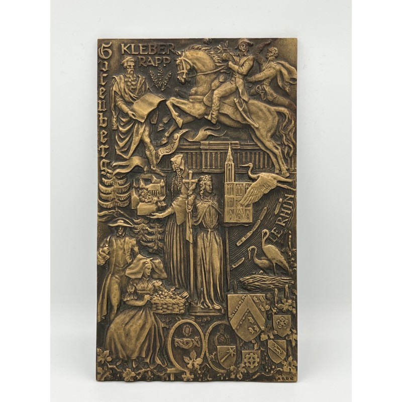 Plaque - Thème Alsace - Guttemberg,Klebber Rapp, Le rhin - acier doré - H200x118mm - H.Delamarre - TTB+