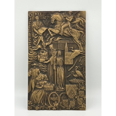 Plaque - Thème Alsace - Guttemberg,Klebber Rapp, Le rhin - acier doré - H200x118mm - H.Delamarre - TTB+