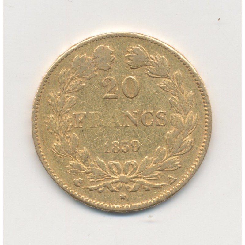 Louis philippe I - 20 Francs Or - 1839 A Paris - Tête laurée - TB