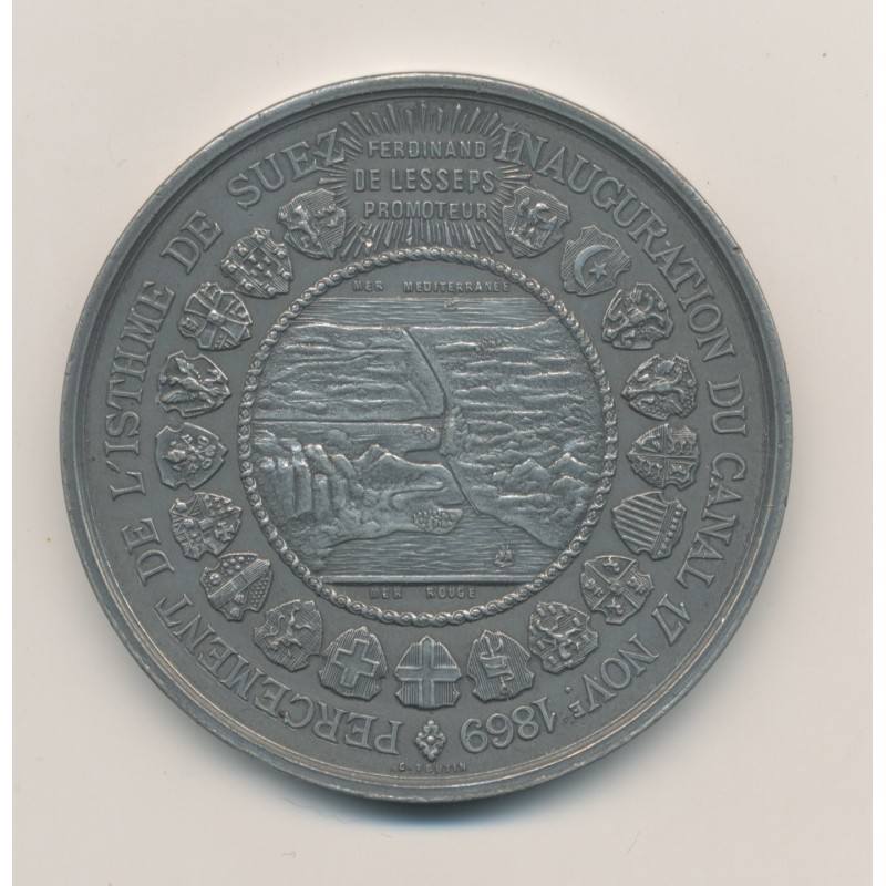 Médaille - Inauguration canal de Suez 1869 - Ferdinand de lesseps - étain - 50mm - TTB+