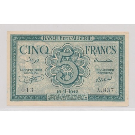 Algérie - 5 Francs - 16.11.1942 - TTB+