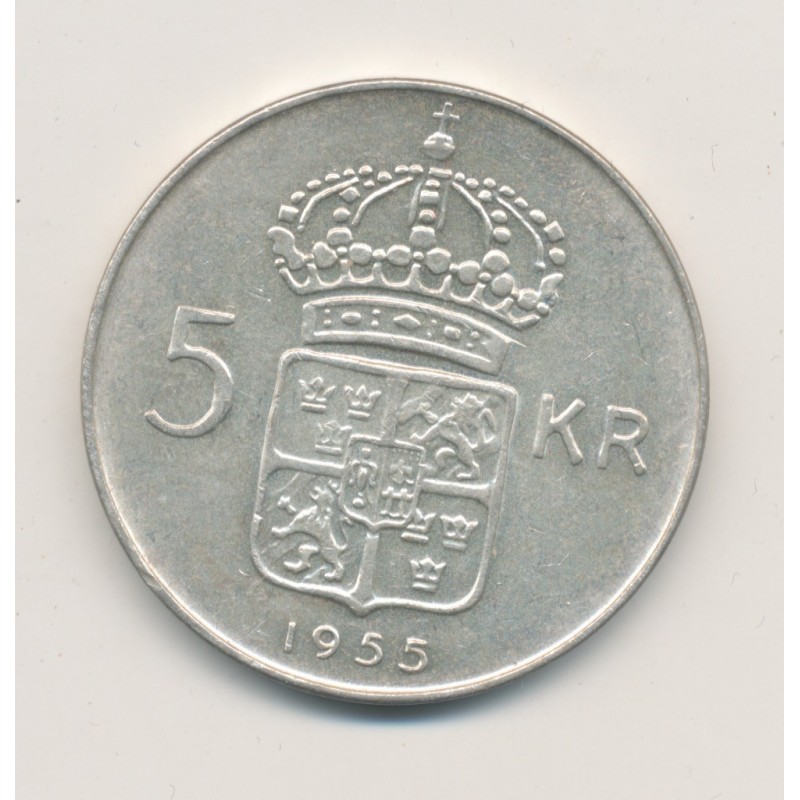 Suède - 5 Kronor 1955 - Gustaf VI - argent - SUP