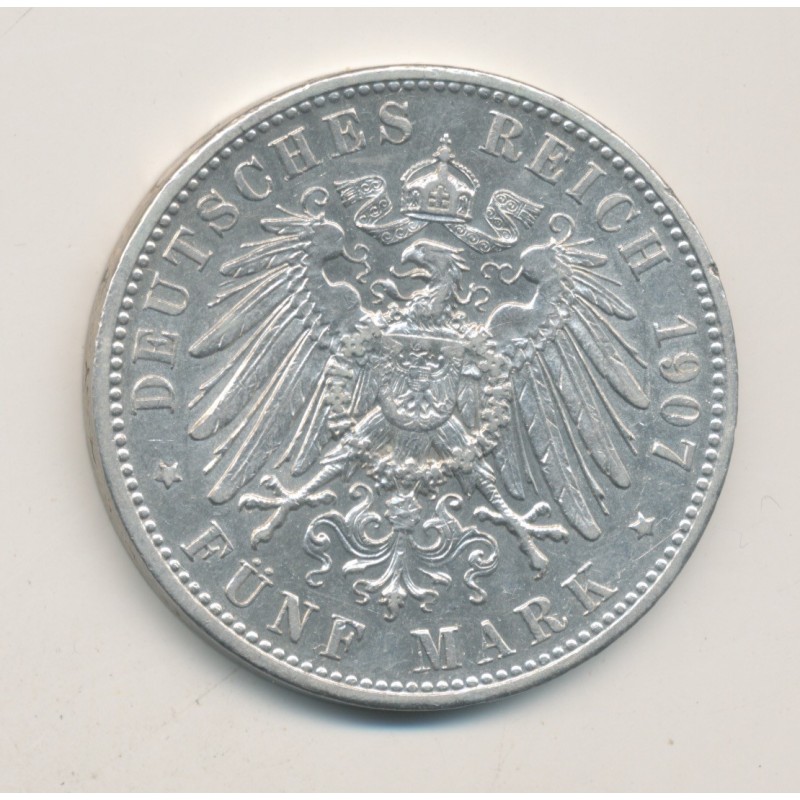 Allemagne - 5 Mark 1907 D Munich - Bayern - argent - TTB+