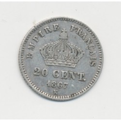 20 centimes Napoléon III - 1867 K Bordeaux - Tête laurée - TTB 2
