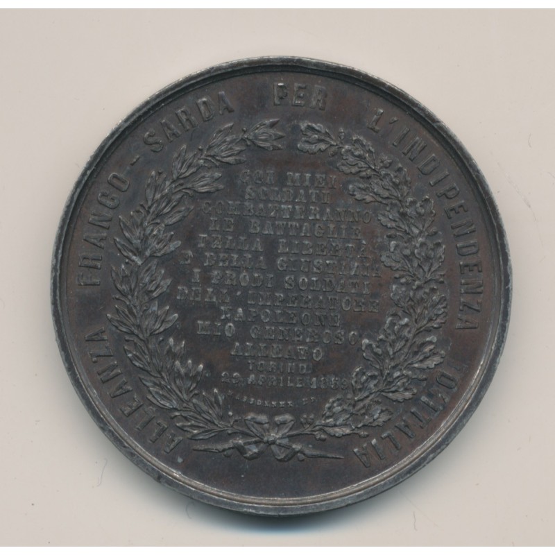 Médaille - Alliance franco-sarde indépendance Italie - Vittorio Emmanuel II - 1859 - étain 50mm - TTB
