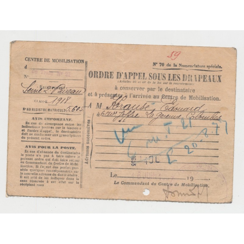 Carte - Ordre d'appel sous les drapeaux 