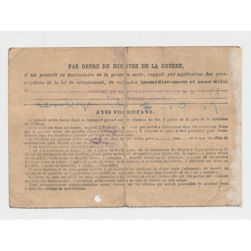 Carte - Ordre d'appel sous les drapeaux 