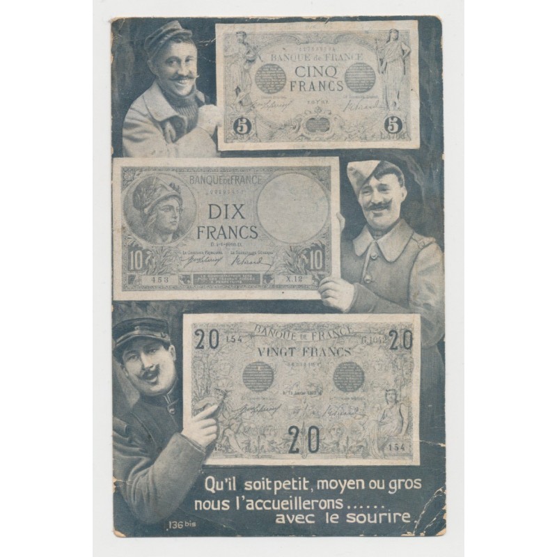 Carte postale - Soldats avec les billets de la banque de France