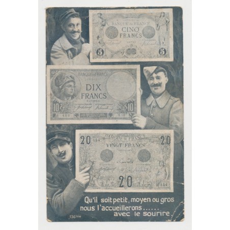 Carte postale - Soldats avec les billets de la banque de France