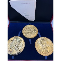 Coffret 3 Médailles - Général De Gaulle - De Jaeger 110mm - bronze doré à l'or pur
