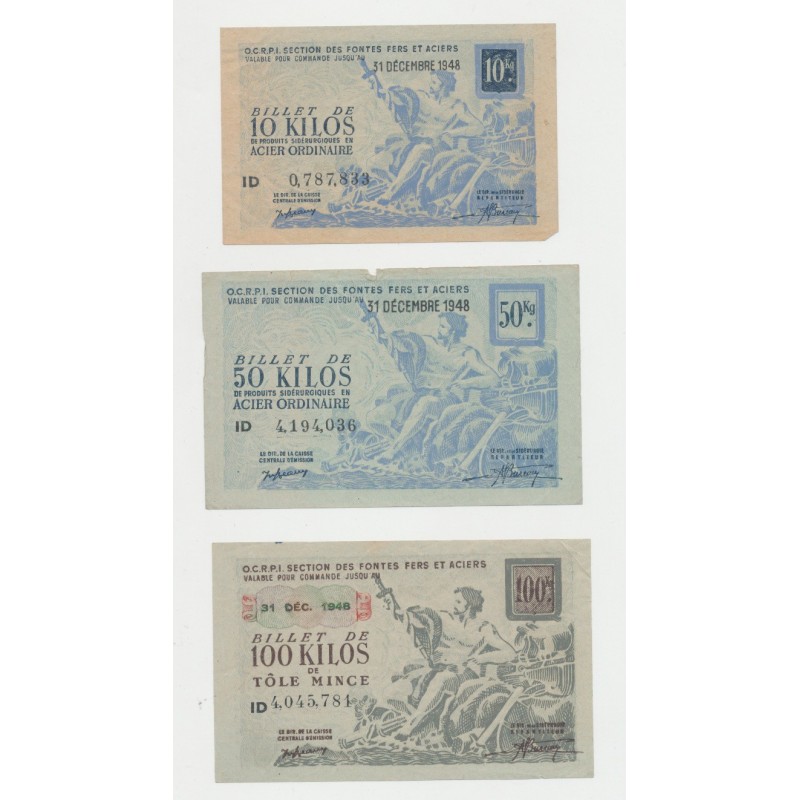 Lot 3 billets - 10/50/100 Kilos acier ordinaire 1948 - TB/TTB