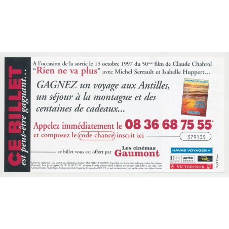 Billet publicitaire - Film Rien ne va plus - 500 Francs - Isabelle Huppert et Michel Serrault