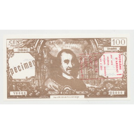 Billet publicitaire - 100 Francs Corneille specimen - problème d'argent