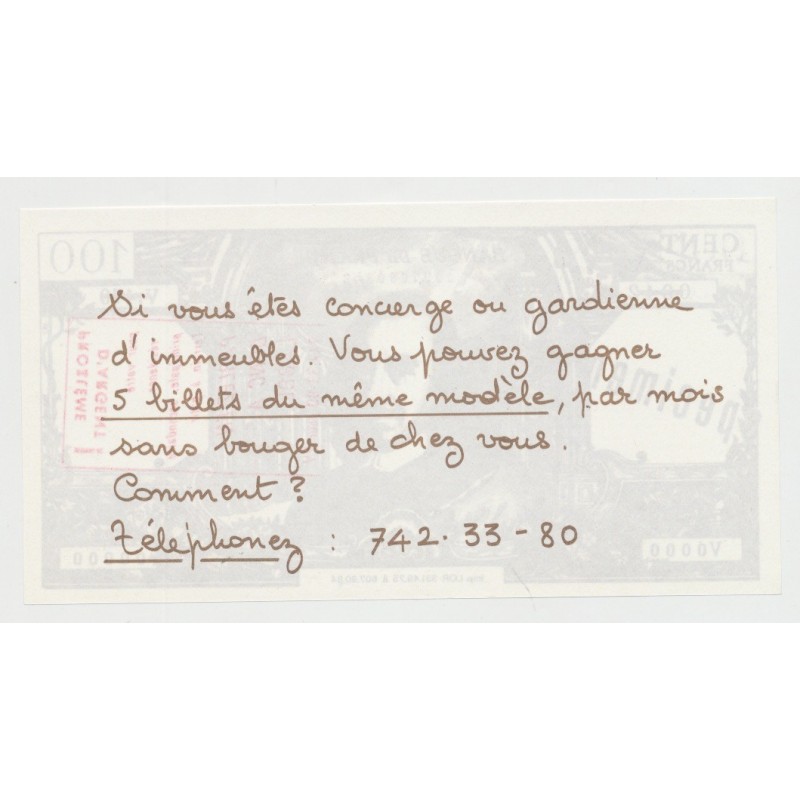 Billet publicitaire - 100 Francs Corneille specimen - problème d'argent