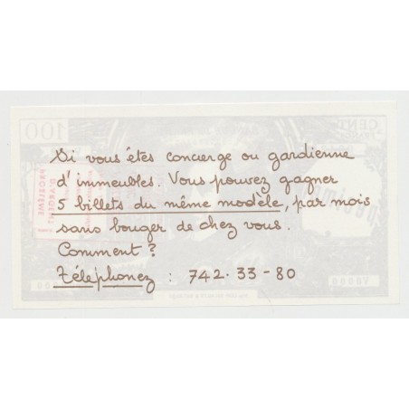 Billet publicitaire - 100 Francs Corneille specimen - problème d'argent