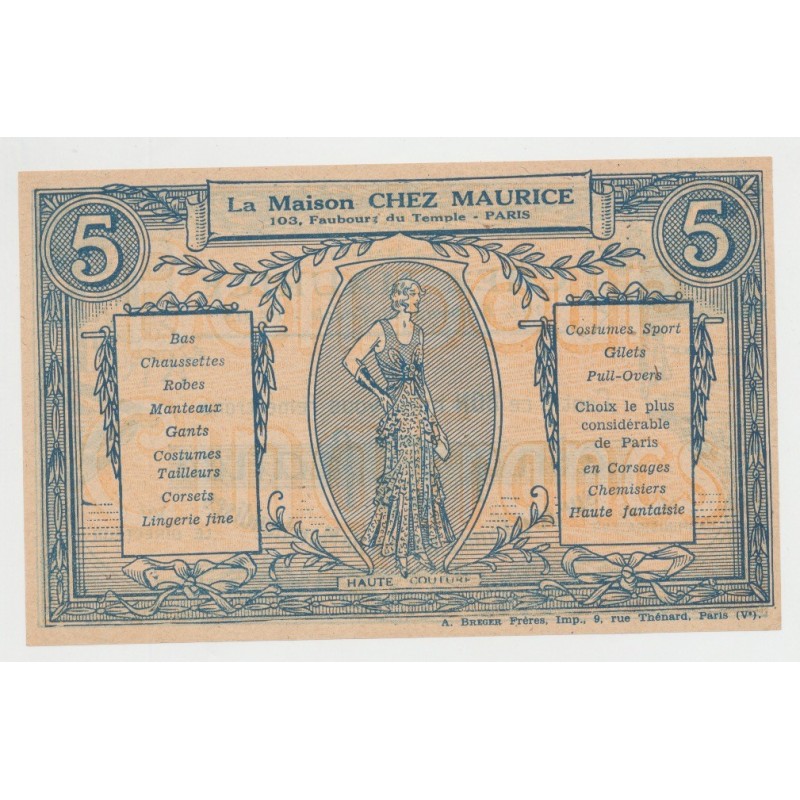 Billet publicitaire - 5 Francs la maison chez maurice
