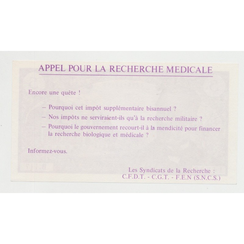 Billet publicitaire - 5 Francs pasteur - appel recherche medical