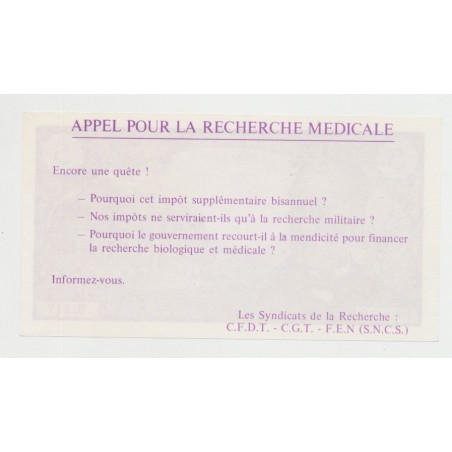 Billet publicitaire - 5 Francs pasteur - appel recherche medical