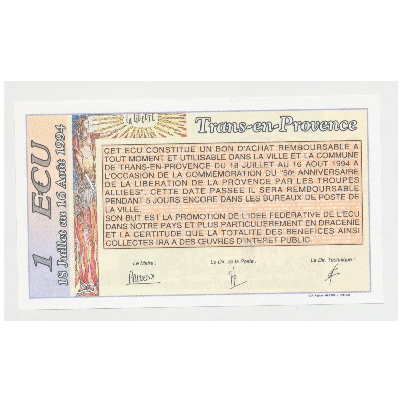 Billet publicitaire - 1 Ecu 50e anniversaire de la libération de la provence - Trans en provence