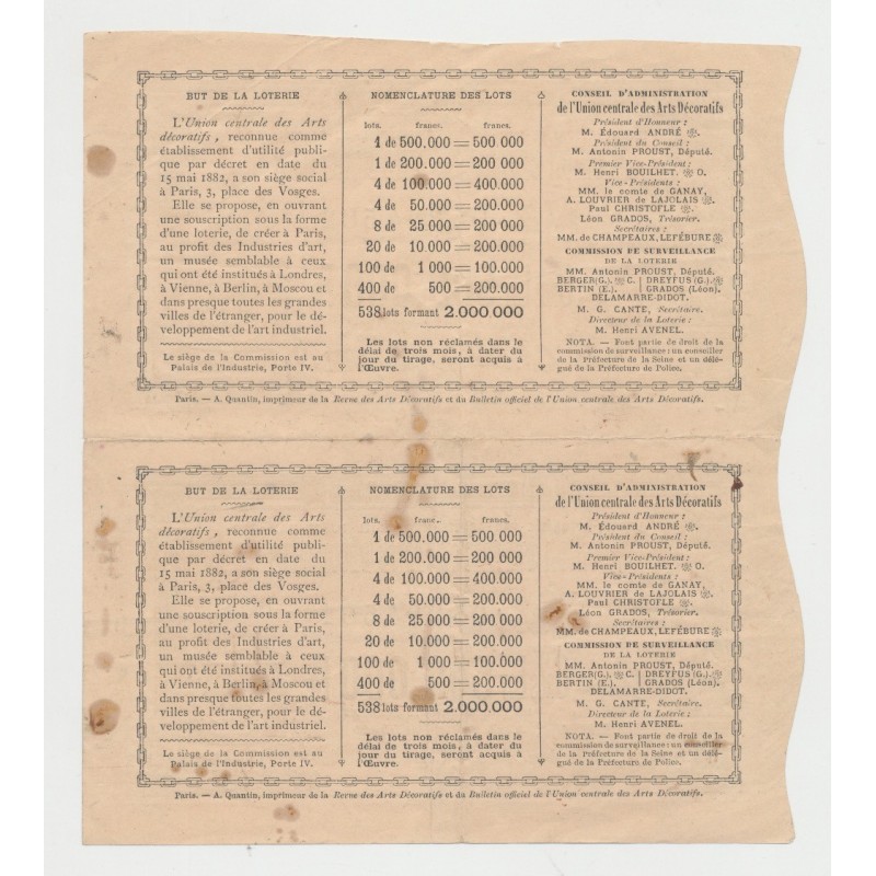 Billet Loterie - Lot 2 - Union centrale des arts décoratifs - Billet 1 Franc