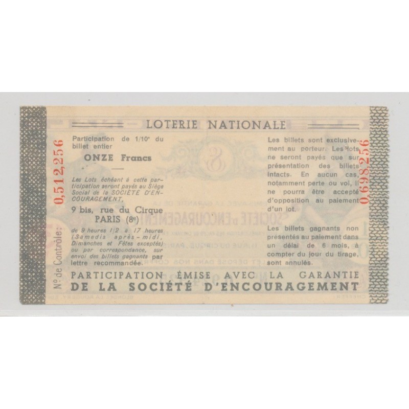 Billet Loterie - Société encouragement - 1/10 13e émission