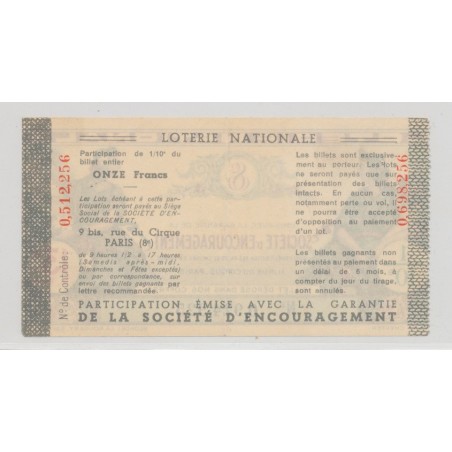 Billet Loterie - Société encouragement - 1/10 13e émission