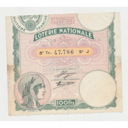 Billet Loterie nationale - huitieme tranche - 100 Francs