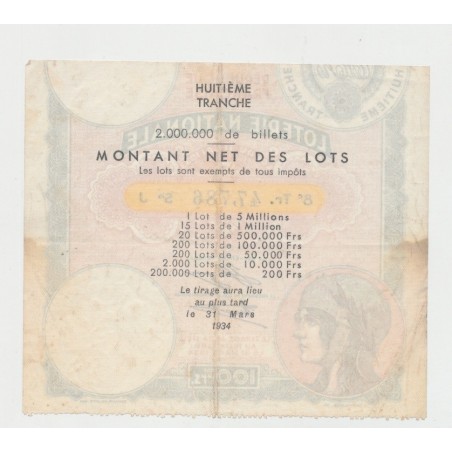 Billet Loterie nationale - huitieme tranche - 100 Francs