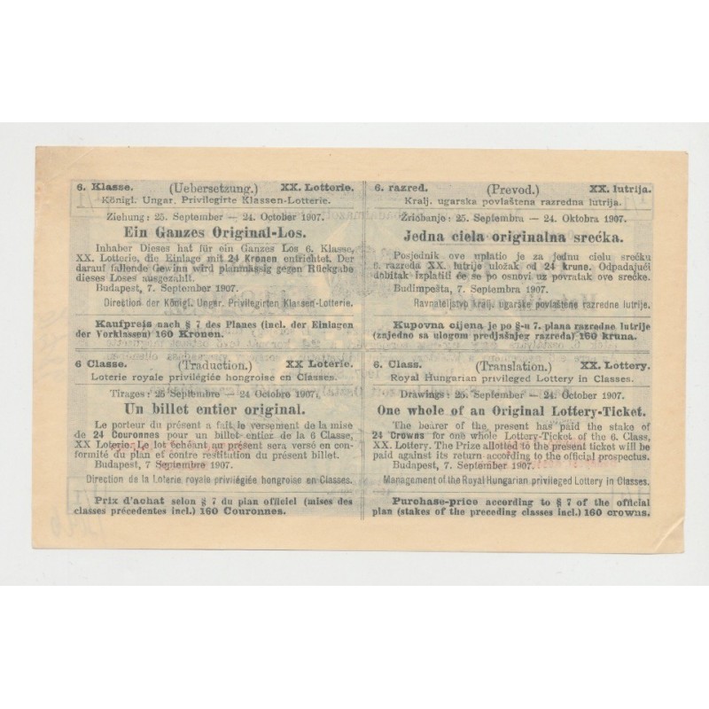 Billet Loterie Royale Hongroise 1907 - avec lettre et enveloppe