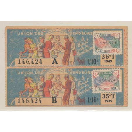 Billet Loterie - Souche 2 Tickets - Union des vendeurs - 1/10 1949