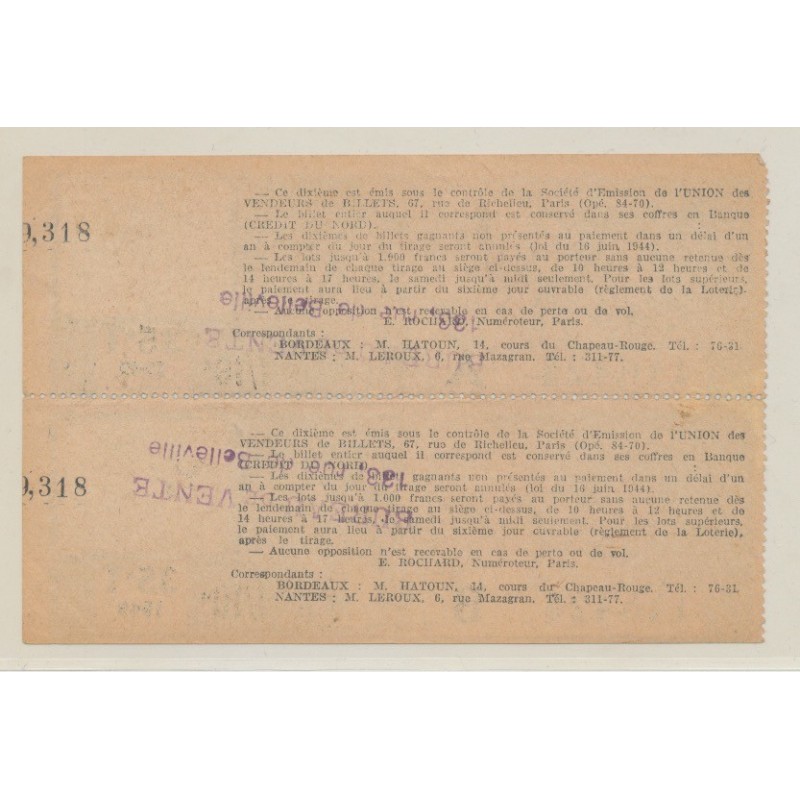 Billet Loterie - Souche 2 Tickets - Union des vendeurs - 1/10 1949