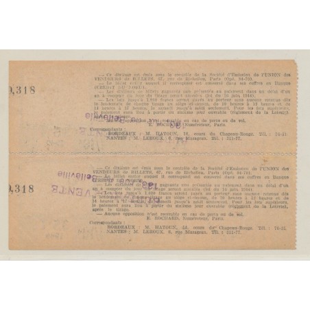 Billet Loterie - Souche 2 Tickets - Union des vendeurs - 1/10 1949