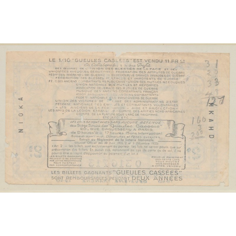Billet Loterie nationale - 1/10 11 Francs - Les gueules cassées - 2e tranche 1940
