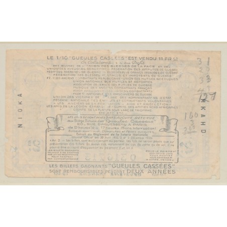 Billet Loterie nationale - 1/10 11 Francs - Les gueules cassées - 2e tranche 1940