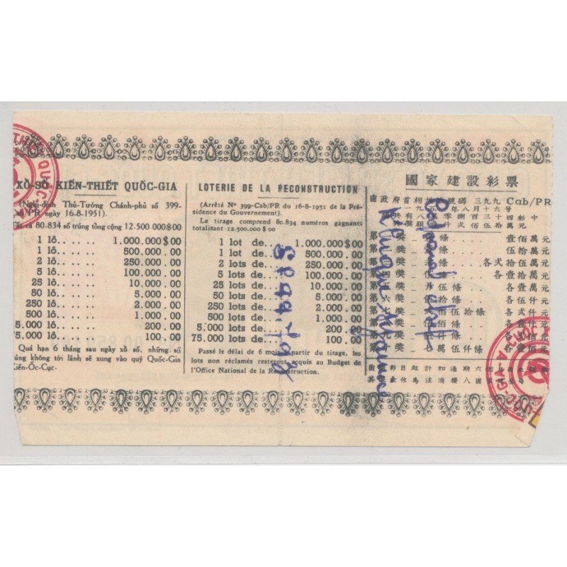 Billet Loterie - 10 dollars loterie de la reconstruction - Saigon