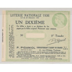 Billet Loterie nationale - 1 Dixieme 1936
