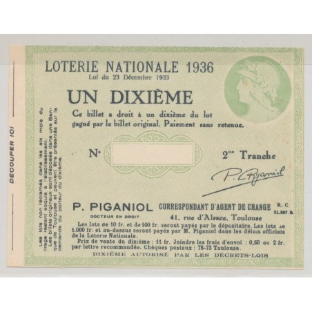 Billet Loterie nationale - 1 Dixieme 1936