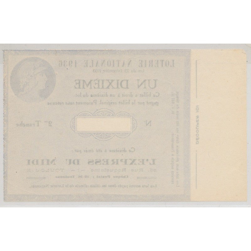 Billet Loterie nationale - 1 Dixieme 1936
