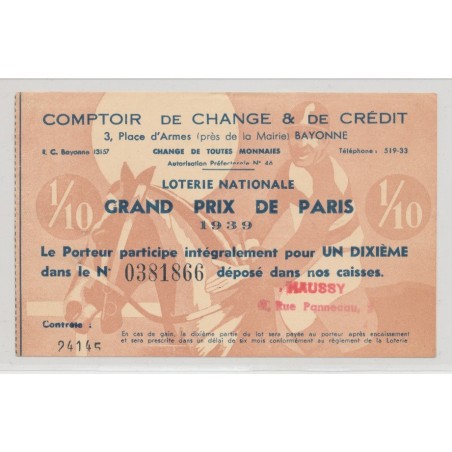 Billet Loterie nationale - 1/10 Grand prix de Paris