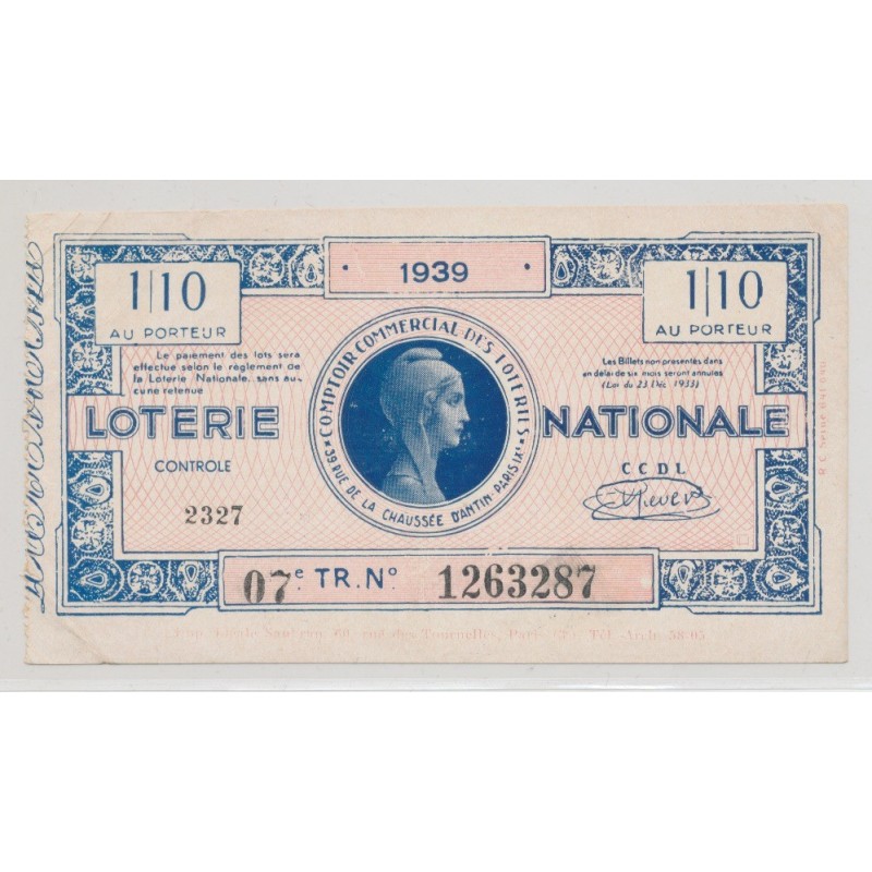 Billet Loterie nationale - 1/10 comptoir commercial des loteries Paris - 1939