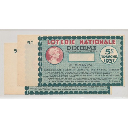 Billet Loterie nationale - 1/10 1937 - Lot 2ex