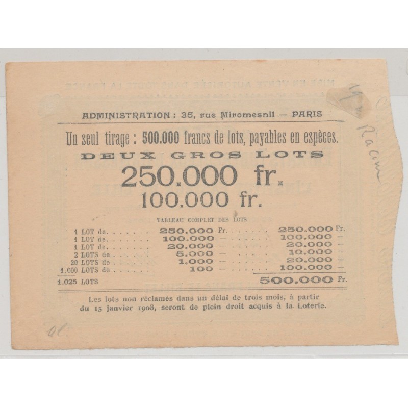 Billet Loterie - Enfants turberculeux d'Ormesson et institut pasteur de Lille - 1907