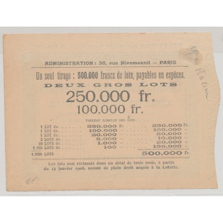 Billet Loterie - Enfants turberculeux d'Ormesson et institut pasteur de Lille - 1907
