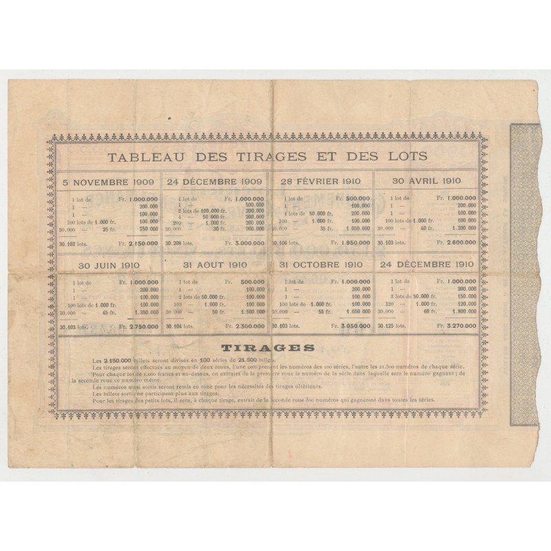 Billet Loterie - Oeuvres de bienfaisance et encouragement aux beaux arts - 1909