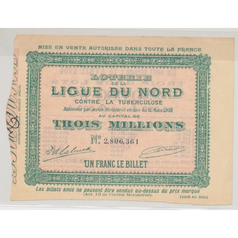 Billet Loterie du nord contre la tuberculose - billet 1 Franc