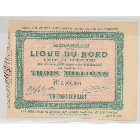 Billet Loterie du nord contre la tuberculose - billet 1 Franc